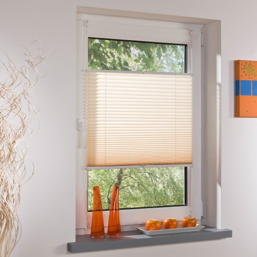 Liedeco® Plissee verspannt mit Klemmträger / 80 x 220 cm beige/lichtdurchlässig Blickdicht stufenlos verstellbar/leichte Montage kein Bohren/Klemmen/Klemmfix-Plissee=Sichtschutz Sonnenschutz