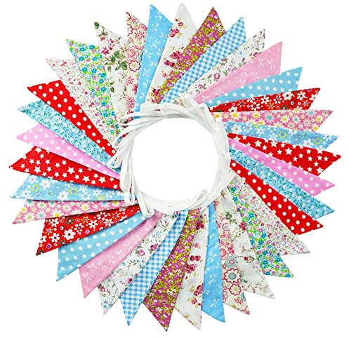 G2PLUS Süße Beidseitig Wimpel Girlande, 10M Bunting Wimpelkette Stoff, Rot und Blau Stoffgirlande mit 36 STK Farbenfroh Wimpeln für Hochzeits Geburtstag Party