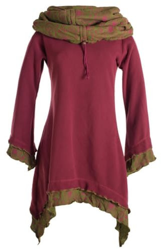 Vishes - Alternative Bekleidung - Lagenlook Zipfelkleid aus Eco Fleece mit Langen Ärmeln und großem Kapuzenschalkragen dunkelrot 48