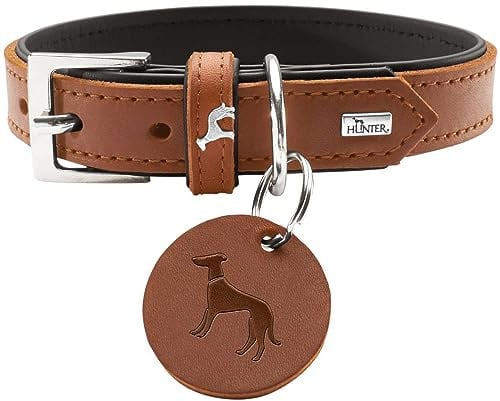 HUNTER Larvik Hundehalsband | Softvollrindleder, edles Lederhalsband mit Schlüsselanhänger, klassisches Design, Farbe Cognac/Schwarz, Größe 50