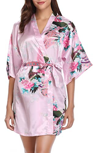 Vlazom Women Kimono Robes Satin Dressing Gown Peacock and Blossoms Sleep Lounge Nightwear Short Silk Bride Bridesmaid Robe, L(UK 12-14), Pink