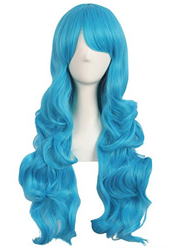 MapofBeauty 28 Zoll/70cm Seitenscheitel Pony Charmante Frauen Lange Lockige Volle Haar Gewellt Perücke (Cyan Blau)