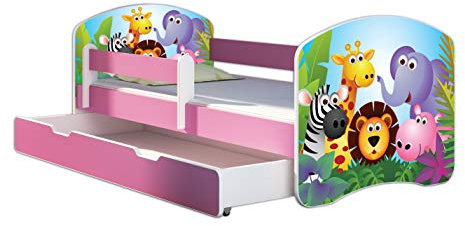Kinderbett Jugendbett mit einer Schublade und Matratze Rausfallschutz Rosa 70 x 140 80 x 160 80 x 180 ACMA II (01 Zoo, 80 x 160 cm mit Bettkasten)