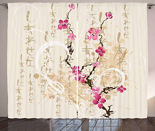 ABAKUHAUS japanisch Rustikaler Vorhang, Letters Sakura Blumen, Wohnzimmer Universalband Gardinen mit Schlaufen und Haken, 280 x 225 cm, Rosa Magenta