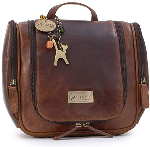 Catwalk Collection Handbags - Grand Trousse de Toilette Femme Cuir - Sac Cosmétique Voyage avec Poignée - Sac de Lavage/Maquillage - Maisie - Marron