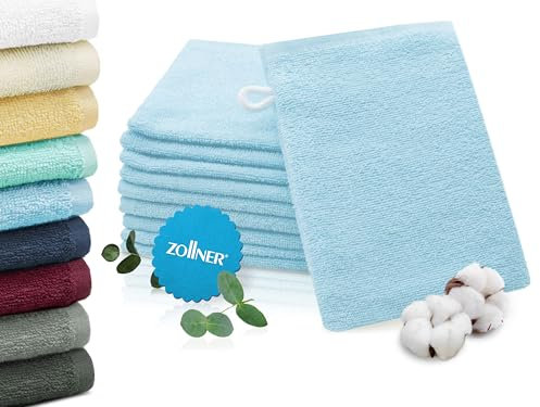 ZOLLNER 10er Set Waschhandschuhe in 16x21 cm - saugstarke und weiche Waschlappen in hellblau - mit praktischem Aufhänger - waschbar bis 60°C - Baumwolle - Hotelqualität