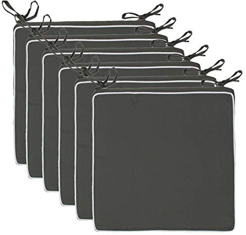 Brandsseller 6er Set Sitzkissen 40x40x4 cm – Wasser- & schmutzabweisende Stuhlkissen mit Bindebändern & Paspel – Für Innen & Außen – Garten, Terrasse, Küche – Anthrazit