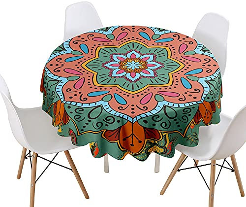 Highdi Tischdecke Rund Lotuseffekt Wasserdicht Antifouling Pflegeleicht Abwaschbar 3D Druck Tischdecke, für Home Küche Dekoration, Verschiedene Größen (Boho-Mandala,Durchmesser 200cm)