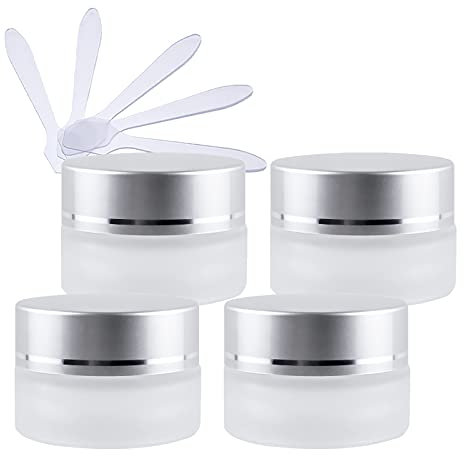 ZEOABSY 4 Pièce Petits Pots en Verre 5ml Translucide Bocaux en Verre Cosmétique avec Argent Bouchon à Vis Vides avec Bouchon Intérieur et 4X Spatule pour Crèmes Fait Maison,Poudres,Baume À Levrès