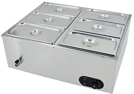 Commercial Food Warmer,Stainless Steel Bain Marie Buffet Warmer 1500W,Temperature Range 30-85 °C,GN 1/3 x6 Pans with Lids,Drain Tap
