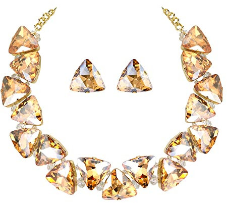 Clearine Art Deco Statement Necklace Earrings Set for Women Sparkly Rhinestone Crystal Triangle Jewellery for Prom Party Champagne Gold-Tone