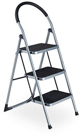 Relaxdays Escabeau, Pliable, 3 marches antidérapantes, Charge Max. : 150 kg, Garde-Corps, Acier et Plastique, Gris/Noir