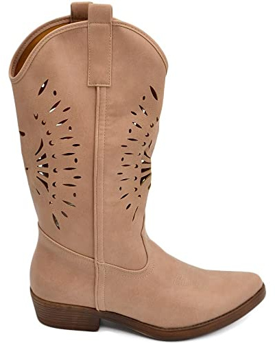 Stivali Donna camperos Texani Stile Western Rosa con Foratura Laser su Pelle Tinta Unita Altezza Polpaccio
