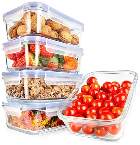 Nutrichef Contenitori Vetro per Alimenti 10 Pezzi (5 Contenitori + 5 Coperchi Ermetici), per Dolci, Verdura, Pomodoro, Frutta, Pasta e Cereali, senza BPA, Resistenti al Freezer/Forno, Blu
