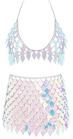 IYOU Pailletten Quaste Körperkette Outfits BH-Rock Blau Bikini Rave Festival Party Strand Mode Clubkleidung Zubehör zum Frau(blau)