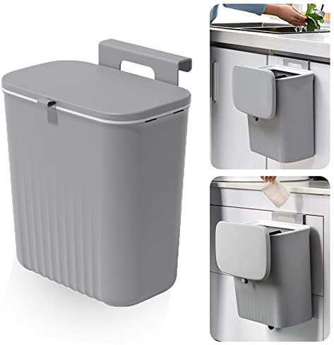 FWEEK Cubo de basura colgante con cubierta deslizante, cubo de basura integrado de 9 l con tapa, contenedores de plástico para armario, cocina, autocaravana, baño, inodoro, oficina, color gris