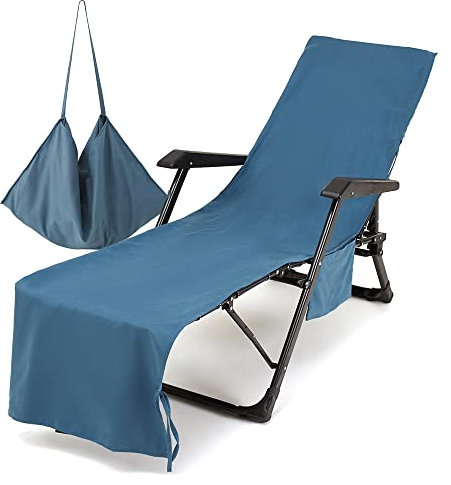 Morbuy Schonbezug für Gartenliege - Frottee Liegenauflage Garten Mikrofaser Sonnenliege Handtuch mit 3 Taschen, Einfarbig Handtücher für Schwimmbäder, Strände, Gartenhotels (75x215cm, Dunkelblau 1)