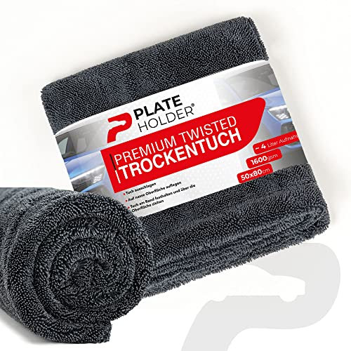 PLATEHOLDER® Premium Mikrofasertuch | Poliertuch | 50x80cm 1600 GSM | Ultra saugstark | Fusselfrei | abgerundete sanfte Fasern | kratzerfrei | extra groß | Trockentuch für Auto Motorrad Fahrrad