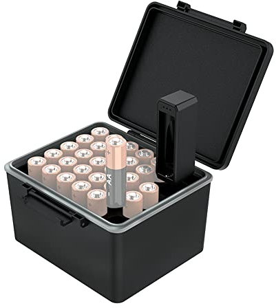 JJC 28 Slots AA Battery Organiser Storage Case with Battery Tester, Water-Resistant Hard Holder Batteries Organizer with Detachable Battery Checker Holds 28 AA Batteries