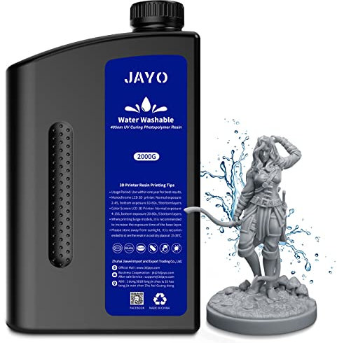 Water Washable Resin 2KG, JAYO 3D Drucker Resin Wasser Abwaschbar, 405nm UV Standard Rapid Photopolymer Harz für 4K/6K/8K LCD/DLP/SLA 3D Printer, Hohe Präzision, Geringer Geruch, Grau 2000g