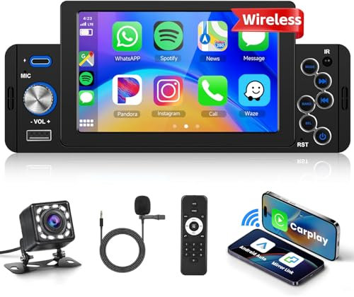 Autoradio Bluetooth Carplay Android Auto Wireless 1din mit Bildschirm 5,Podofo Auto Radio mit Rückfahrkamera FM Radio USB/Mic/AUX/Lenkrad Steuerung,Navi-GPS,Airplay,Mobile Charging