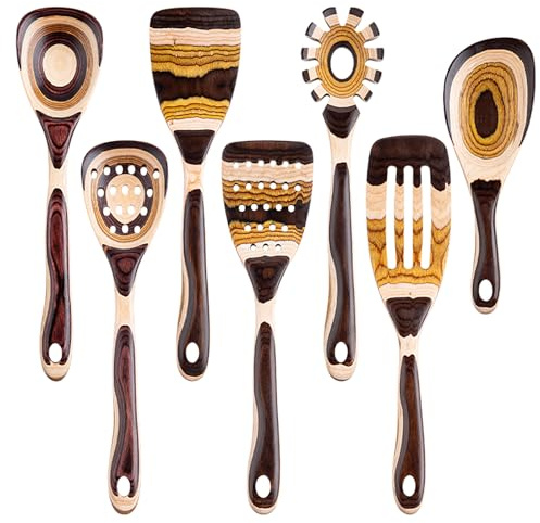 Gudamaye 7-Piece Brown Pakkawood Utensils Set – Sturdy, Eco-Friendly, Wooden Spoons for Cooking, Wooden Utensil for Cooking, Wooden Kitchen Tool, Home & Kitchen Gifts for Men and Women