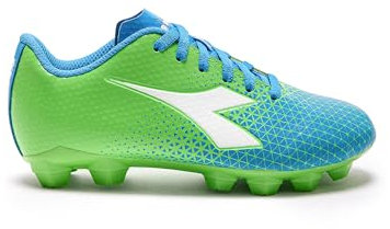 Diadora Cattura - Tacos de fútbol para suelo firme para jóvenes, tamaño para niños pequeños/grandes, perfectos para superficies de juego naturales y artificiales, Verde, blanco, azul, 6 Big Kid