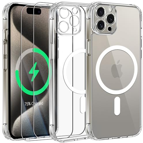 Fiyoarbb Magnetic Case for iPhone 15 Pro Case with Camera Protection and 2 Tempered Glass Screen Protector, iPhone 15 Pro Phone Case Transparent Thin Shockproof Protection Cover, Clear