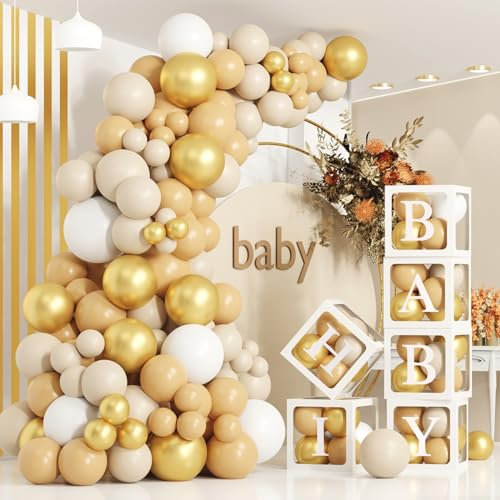 White 172stück Weiß Gold Babyparty Box Deko,6 Transparente Ballon Box mit 110 Luftballon Girlande Weiß Gold,Baby Shower Luftballon Box mit 54 Buchstaben,Baby Ballon Boxen für Babyparty,Geburtstag Deko