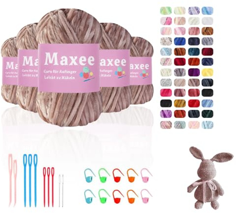 Maxee 500g(5×100g) Samtig Babywolle, Samt Chenille Garn mit Häkelwerkzeuge, Kuschelweich Velvet Chenillegarn Flauschige, Weich Plüschwolle Häkelgarn Wolle zum Stricken & Häkeln