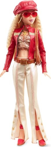 Barbie Signature My Scene Puppe und Accessoires, Jahrtausendwende inspirierten Outfit mit Kunstlederjacke, ausgestellter Hose, Satteltasche und Puppenständer, HYC17