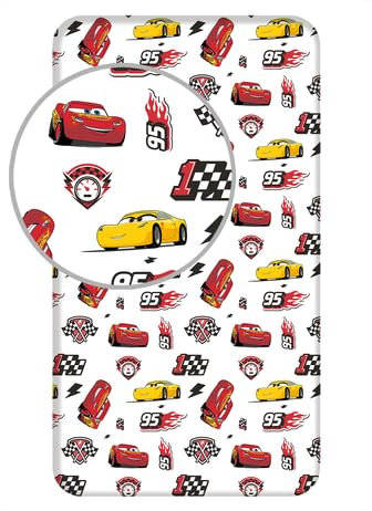 Jerry Fabrics F Spannbettlaken – Cars – Weiß – 1 Stück – Kinder – Einzelbett – elastische Ecken – 90 x 200 cm – 100 % Baumwolle
