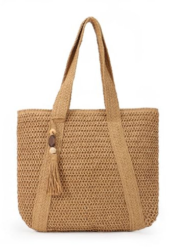 LUI SUI Bolso tejido de paja en verano bolsa de playa de paja borla bolso de paja grande