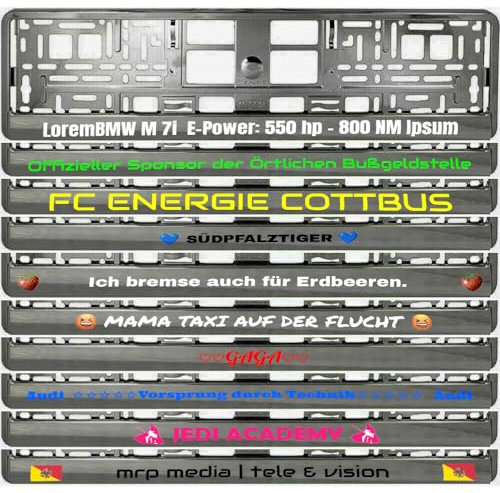 2 Stück Kennzeichenhalter Chrom Graphit mit Wunschtext Beschriftung Werbung Spruch Bedruckt