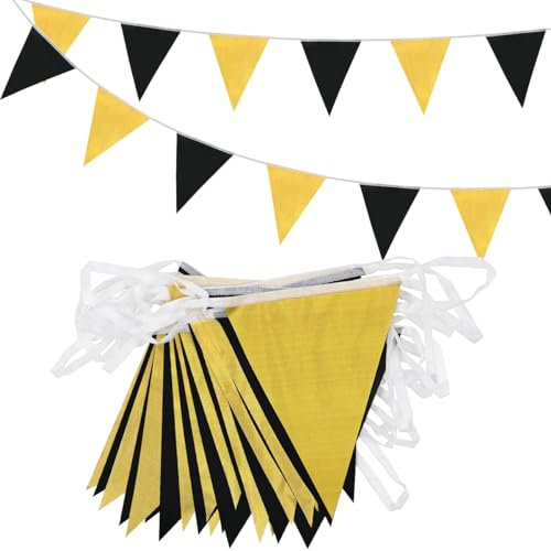 Wimpelkette, 20 m, 52 Stück, metallisch-schwarz-goldfarben, 16 × 21 cm, Polyestergewebe, wiederverwendbar, dreieckige Flaggen, Wimpel, Banner, Zubehör für Innen- und Außenbereich, Geburtstag, Party