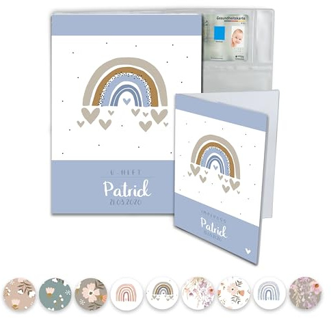 Minilino personalisierte U Heft Hülle 3-teiliges Premium Set für Impfpass & U-Heft [ SCHÜTZT WICHTIGE DOKUMENTE ] Organizer für Untersuchungsheft (Regenbogen blau retro)