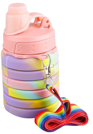 Rumyve 500ml Collapsible Silicone Water Bottle,Portable Leak Proof Water Bottles with Lanyard Straps,Octdoor Accessories for Kids Girls Boys Sports Hiking Trip Camping(Camouflage pink)