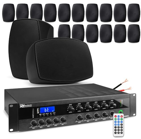 Power Dynamics 20x 4 BHW40BL Black Commercial Outdoor Speakers with 6-Channel Multi Zone PA System, 500W Mixer Amplifier, IPX5 Weatherproof Warehouse Background Music Audio Set
