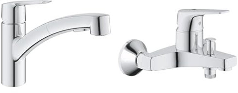 GROHE QUICKFIX Start Robinet de Cuisine évier, Douchette extractible, Inverseur 2 jets, Rotation 90° & Mitigeur monocommande Bain Douche Start Flow, robinet à montage mural, raccord fileté