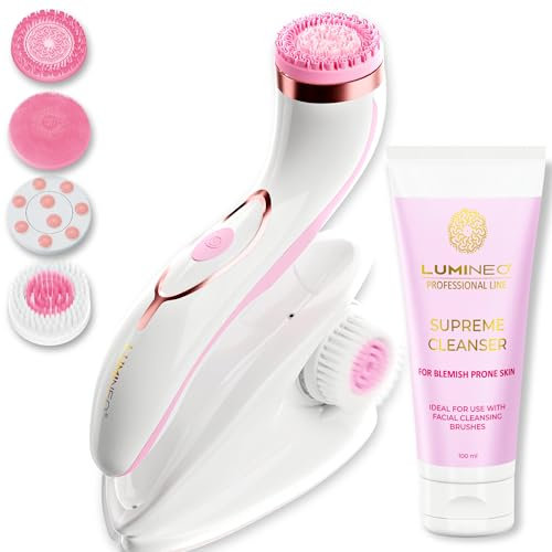 Lumineo Gesichtsreinigungsbürste mit Reinigungsgel, elektrische USB-Gesichtsbürste für eine sanfte und gründliche Reinigung (PRO rosa (unreine Haut))