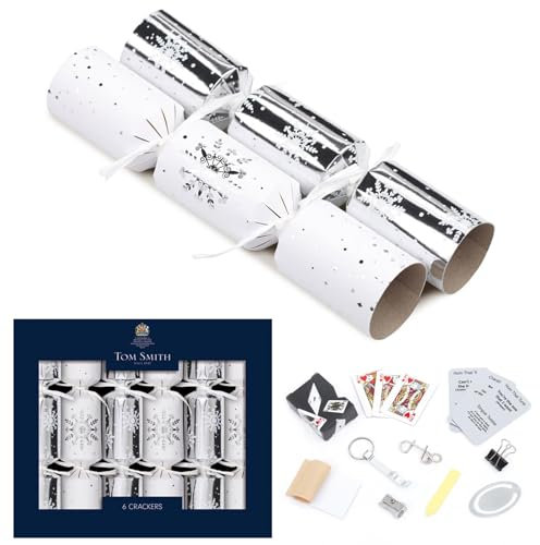 Tom Smith Pack 6 Luxury Mini Charity Christmas Crackers White & Silver Snowflake Design