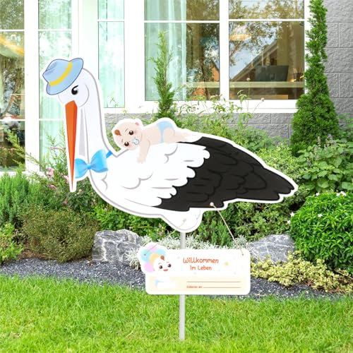 LAMEK Storch Geburt für Draussen Klapperstorch zur Geburt Willkommen Zuhause Baby Schild Blau Geburtsstorch Babystorch mit Holzstab Namensschild Grußkarte Babygeschenke für Jungen zur Geburt