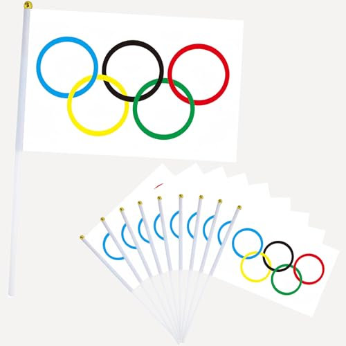 Lot de 10 petits drapeaux Oly sur bâtons pour décorations olympiques de 2024, mini drapeaux à main ondulés à la main, drapeaux à cinq anneaux pour décorations olympiques 2024, fournitures de fête Oly