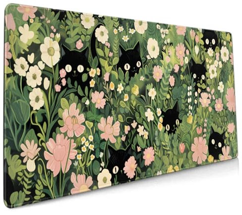 Tapis de souris motif chat mignon XXL 90 x 40 cm Rose Vert Kawaii Esthétique Art Fleur Grand tapis de souris de jeu Tapis de bureau Base en caoutchouc antidérapant Bords cousus pour la maison et le