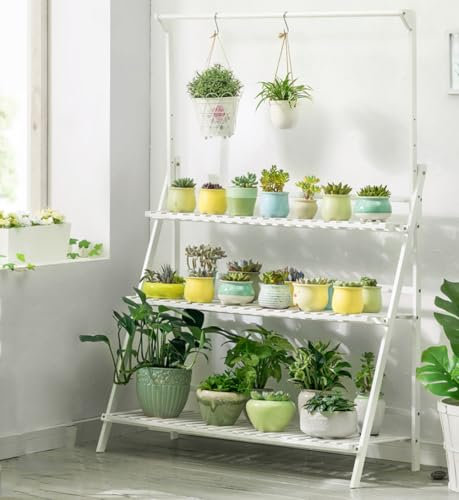 Dcbdx 3 Ebenen Klappbares Blumenregal mit höhenverstellbarer Hängestange, Leiter Blumenständer aus Bambus robuste Pflanzenleiter,Weiß,Long 100cm