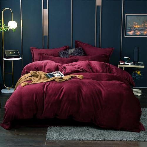 Covebett Winter Warme Bettwäsche 200x220 Rot Burgunderrot Flanell Cashmere Touch Plüsch Winterbettwäsche 3teilig, 1 Flauschig Coral Fleece Bettbezug mit Reißverschluss und 2 Kissenbezug 80x80
