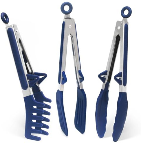Pinzas de Cocina de Acero Inoxidable, 23 cm Pinzas Barbacoa con Puntas de Silicona para Pasta Buffet Ensalada, Azul