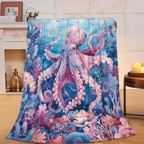 Ocean Octopus Fleece-Überwurfdecke, super weich, gemütlich, warm, 101,6 x 127 cm, nautisches Oktopus-Dekor, Geschenke für Jungen, Mädchen, Kinder, Erwachsene