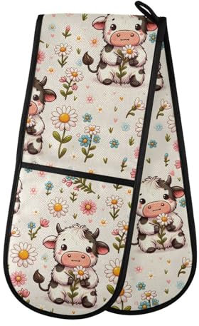 Double Oven Gloves Cow Flower Heat Resistant Pot Holder Oven Mitt Gloves for BBQ Cooking Baking Grilling Microwave