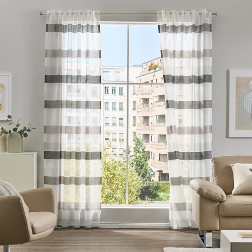 Como Gardinen 2er Set Vorhänge Skandi Look Weiß-Grau 245 x 140 cm - Transparente, lichtdurchlässige Schlaufenschals mit Blockstreifen für Wohnzimmer, Kinderzimmer, Schlafzimmer, Büro